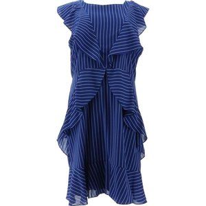 NWT DU JOUR SCOOP-NECK STRIPED RUFFLE DRESS VIBRANT BLUE 6